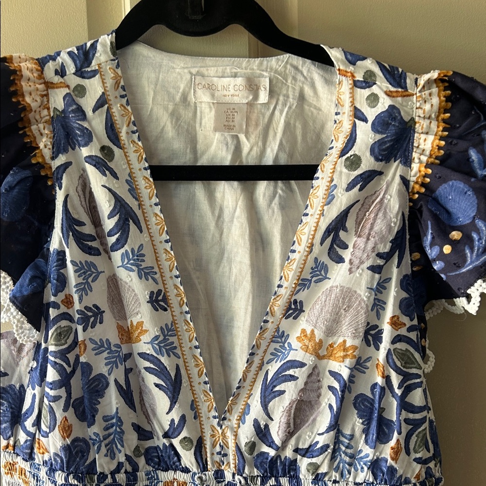 Caroline Constas White Dress with Blue Floral & Gold Embroidery